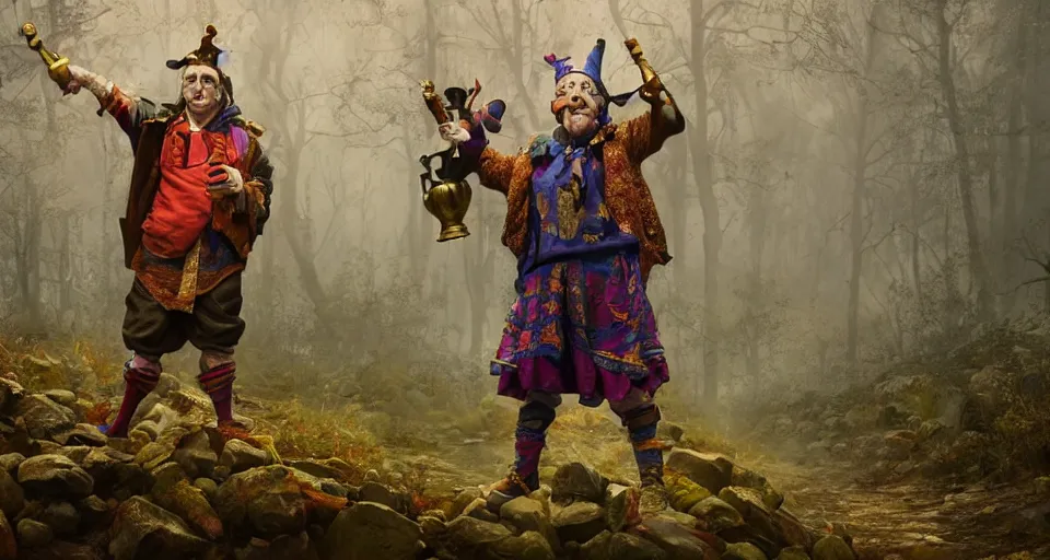 Image similar to robert de niro as medieval jester, crazy colorful clothing with a heavy golden mace in his left hand and a beer jug in his right hand, full body shot and detailled face, symmetrical face, intricate details, wandering through a forbidden forest, trending on artstation, 8k hyperrealistic, style of peter mohrbacher, octane render, unreal engine