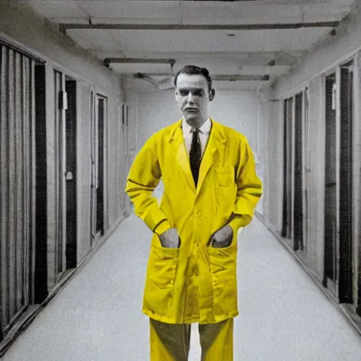 Prompt: a 1 9 5 0 s male scientist wearing a lab coat standing lost in the backrooms, mono - yellow old moist carpet room, empty liminal space, very dark shadows, broken fluorescent lighting, horror movie scene, film grain