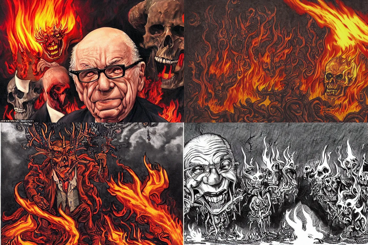 Prompt: Rupert Murdoch as the devil in hell surrounded by fire and flames and brimstone and skulls, ultra realism