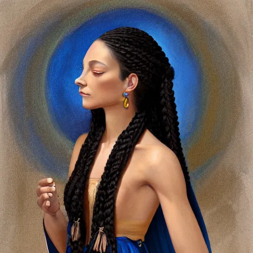 Prompt: A beautiful young woman, long black braided hair, light skin color and blue eyes in a simple but beautiful blue medieval dress with a brown flower embroided cape and a shoulder bag, looking at various goods at a market, she is a healer and a serious person, by Johannes Vemeer and Frank Frazetta, amazing details, mtg, digital painting, concept art