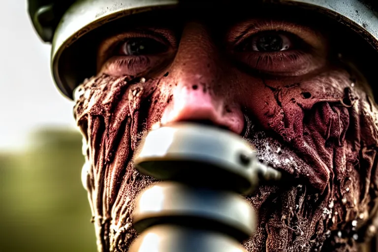 Prompt: An extreme close-up of a WW1 soldier's face, high anxiety, mud, grime, sweat, filth, dramatic lighting, ARRI ALEXA Mini LF, ARRI Signature Prime 35mm T 1.8 Lens, 4K film still by Sam Mendes, Roger Deakins,