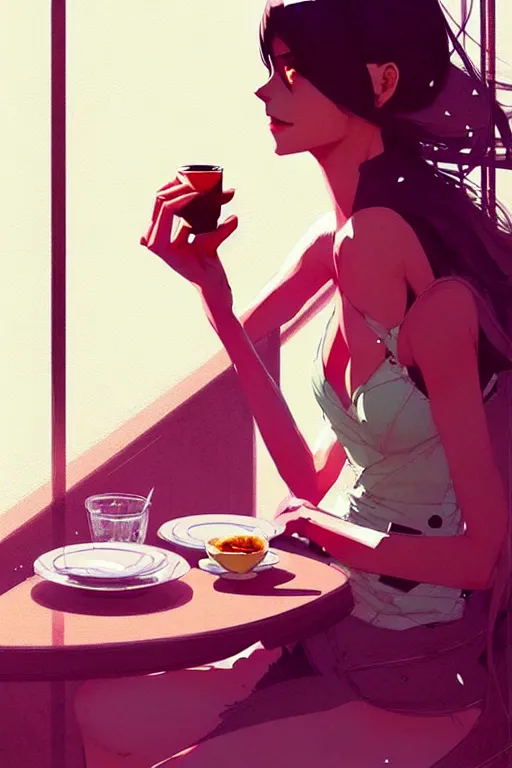 Image similar to a ultradetailed beautiful panting of a stylish woman sitting in a cafe, by conrad roset, greg rutkowski and makoto shinkai, trending on artstation