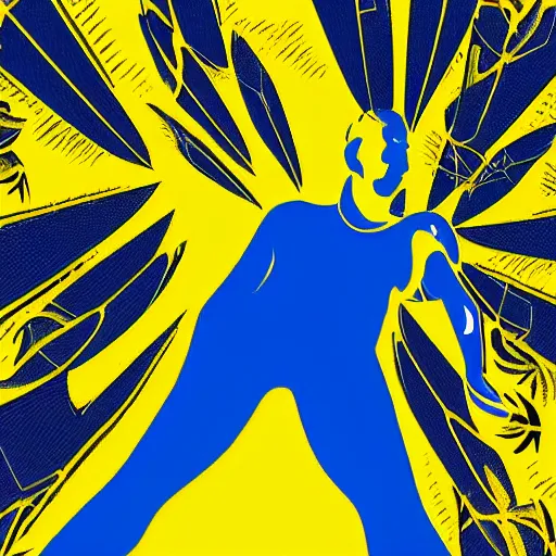 Image similar to human man that resembles a wasp morh in surreal sketch style, blue and yellow gradient, noise, ultrafine detail, hd 8k, logo illustration