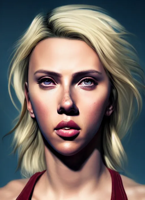 Image similar to fantasy comic book style portrait painting of an athletic Scarlett Johansson with blonde hair dancing, unreal 5, DAZ, hyperrealistic, octane render, cosplay, RPG portrait, dynamic lighting