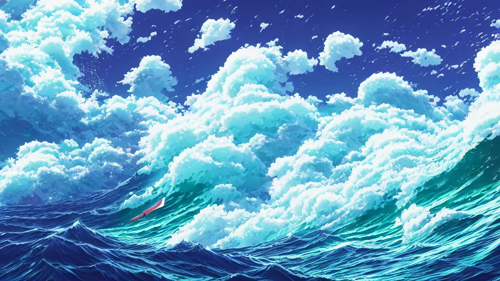 Prompt: highly detailed illustration of an colorful ocean with big waves and lots of high exposure cummulonimbus clouds by makoto shinkai, by oliver vernon, by joseph moncada, by damon soule, by manabu ikeda, by kyle hotz, by dan mumford, by otomo, 4 k resolution