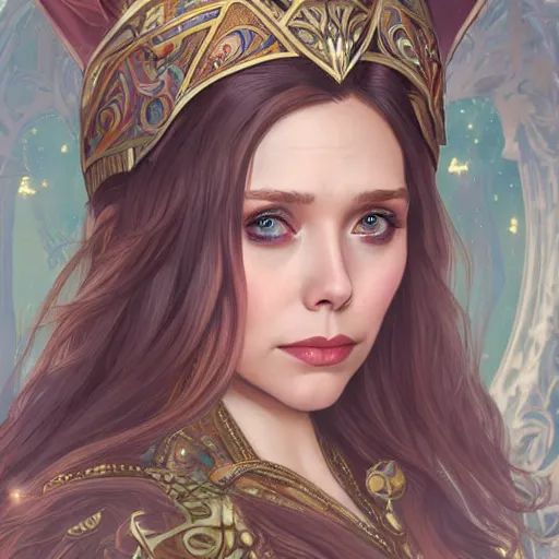 Prompt: Elizabeth Olsen as a elf archer, cute, fantasy, intricate, elegant, highly detailed, centered, digital painting, artstation, concept art, smooth, sharp focus, illustration, art by artgerm and H R Giger and alphonse mucha