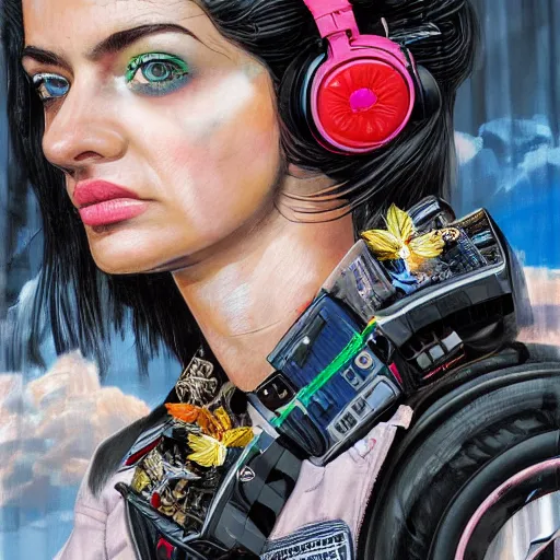 Image similar to a portrait of beautiful, mischievous, young woman by sandra chevrier, detailed render, tape deck, boombox, headphones, epic composition, cybernetics, 4 k realistic, cryengine, realistic shaded lighting, sharp focus, masterpiece, by matteo scalera, gary montalbano, peter elson in the style of the tokyo ghost comic