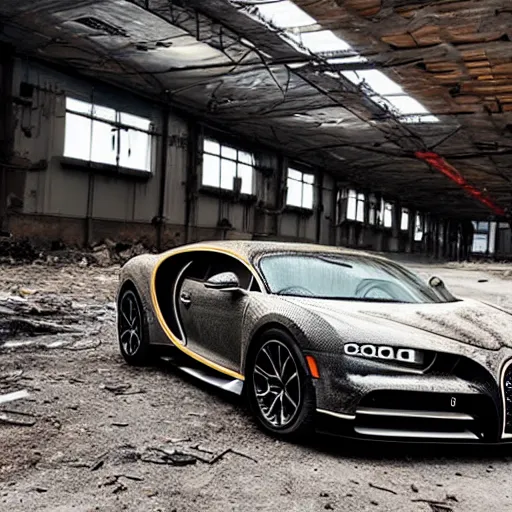 Image similar to an abandoned, derelict, rusty bugatti chiron in a dirty warehouse