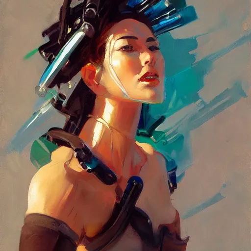 Prompt: Greg Manchess portrait painting of a woman cyborg, medium shot, asymmetrical, profile picture, Organic Painting, sunny day, Matte Painting, bold shapes, hard edges, street art, trending on artstation, by Huang Guangjian and Gil Elvgren and Sachin Teng