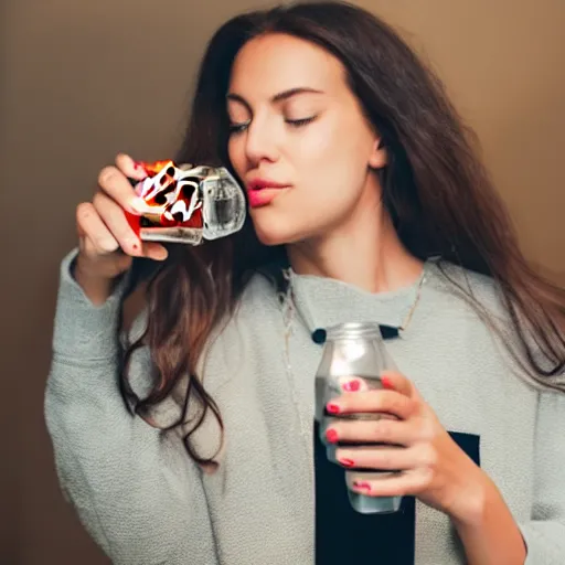 Image similar to a woman, mid-20s, drinking a bottle of coke