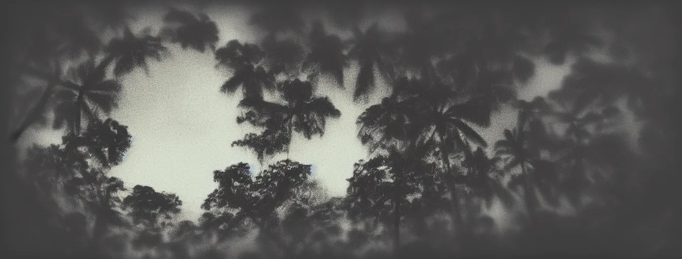 Prompt: tropical wood, sky, nostalgia, melancholy, pinhole analogue photo quality, lomography, blur, unfocus, cinematic, foil, monochrome, dots, points effect, clean, high quality