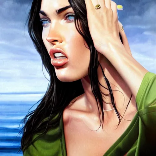 Prompt: megan fox licking her lips in anticipation, hyperrealistic portrait, photo realistic, poster, artstation, volumetric lighting, digital art, very detailed face by magali villeneuve