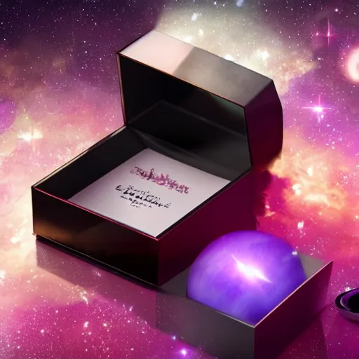 Image similar to perfume in galaxy gift box, highly detailed, concept art, realistic, octane render, unreal engine, up close shot