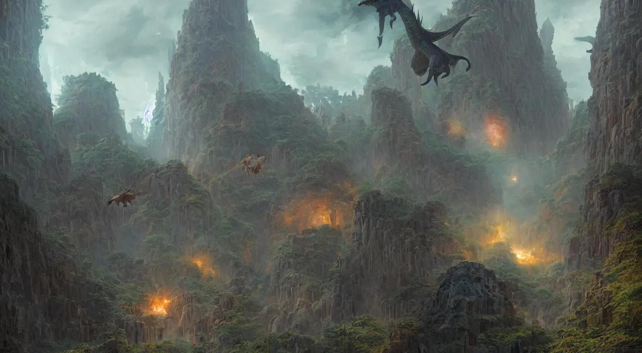 Image similar to technicolor dinosaurs, glowing with magic, surrounded by slate grey walls, matte painting, fantasy art, concept art, greg rutkowski, james gurney, johannes voss, hasui kawase.