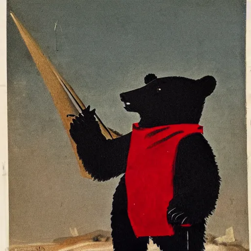 Image similar to a portrait of a socialist comrade bear in a military uniform waving a red flag