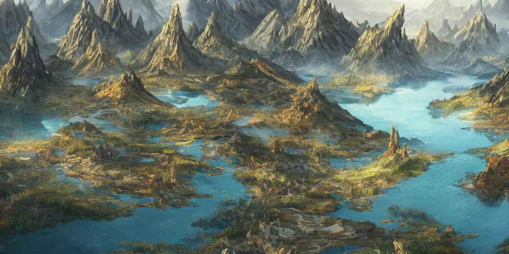 Image similar to fantasy world, in the middle is a huge lake with a little plain around it, behind it are mountains and rivers, intricate, elegant, sharp focus, illustration, highly detailed, concept art, matte, trending on artstation, anime, beautiful sunlight and shadows