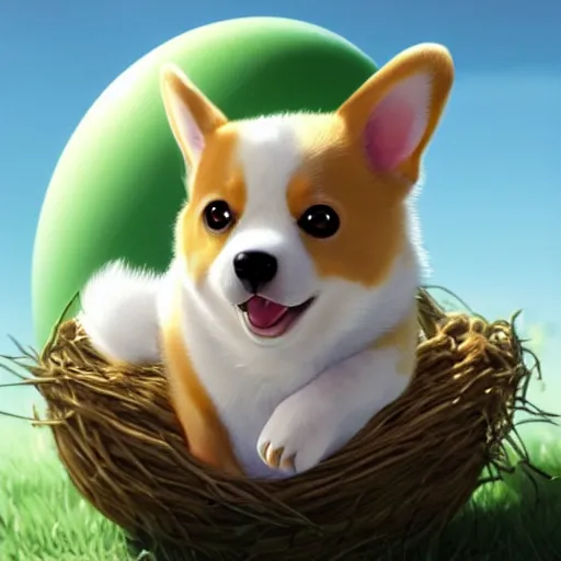 Image similar to concept art of a baby corgi emerging from an egg that looks like a tennis ball in a nest, realistic, detailed, cel shaded, in the style of makoto shinkai and greg rutkowski and james gurney