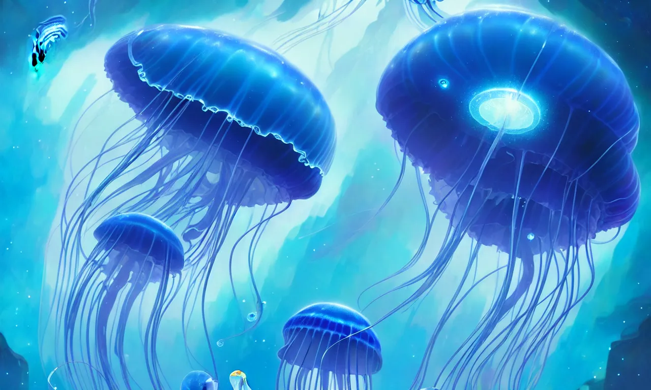 Image similar to detailed jellyfish in space, blue tones, underwater, full frame, highly detailed, digital painting, artstation, concept art, smooth, sharp focus, illustration, art greg rutkowski and alphonse mucha