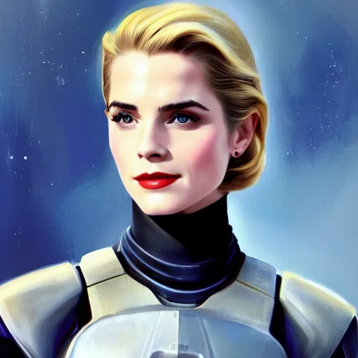 Image similar to A combination of Grace Kelly's and Emma Watson's and Ashley Greene's appearances with blonde hair wearing Master Chief's armor, full body portrait, futuristic, dramatic, fantasy, intricate, elegant, highly detailed, digital painting, artstation, concept art, matte, sharp focus, illustration, art by Donato Giancola and James Gurney