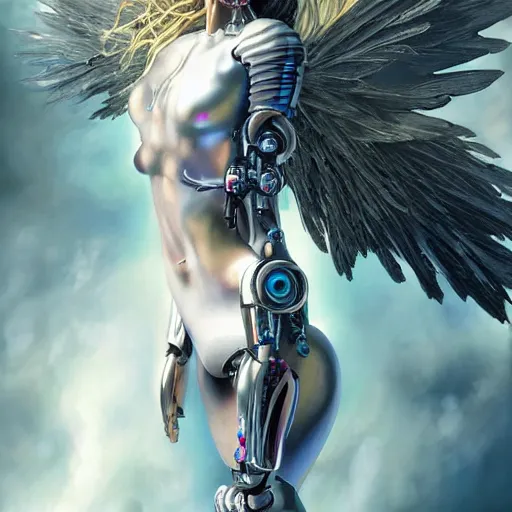 Prompt: UHD photorealistic studio portrait of a cyborg Angel with hyperrealistic Angel wings, futuristic robot angel, extremely detailed, 8k, cinematic lighting, in the style of Amano and Ayami Kojima and Karol Bak, art by Mark Brooks with vivid colors and crisp details