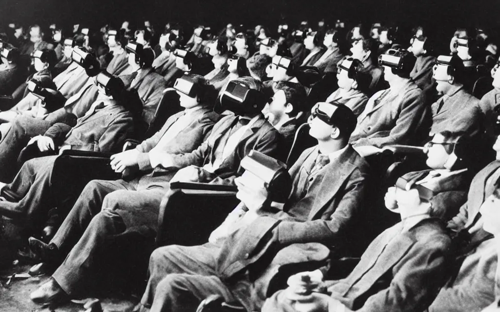 Image similar to 1 9 0 0 s photo of people using iphones ipods virtual reality headsets vr watching hd tv in a movie theater