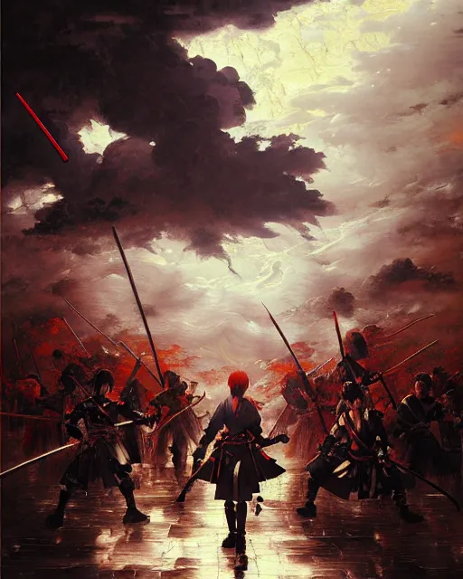 Image similar to baroque oil painting of key visual great samurai war, many warriors, rain, storm, final fantasy, fake detail, trending pixiv fanbox, acrylic palette knife, style of makoto shinkai takashi takeuchi yoshiyuki sadamoto greg rutkowski chiho aoshima