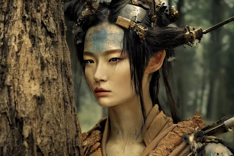 Image similar to vfx movie scene closeup ancient nomad cyborg warrior geisha in a smoldering forest. by emmanuel lubezki