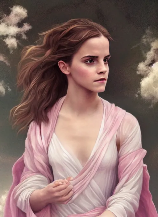 Image similar to emma watson as nature magic celestial, top down pose, long hair, soft pink and white transparent cloth, space, D&D, shiny background, intricate, elegant, highly detailed, digital painting, artstation, concept art, smooth, sharp focus, illustration, artgerm, bouguereau