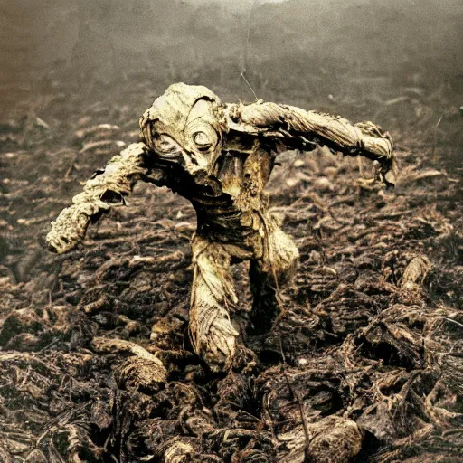 Image similar to a peat bog mummy climbing from the bog, snarling and angry, hyper realistic, photo, midday, rain