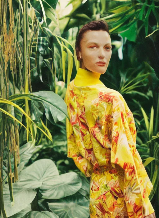 Prompt: grainy head to shoulder portrait Polaroid film photograph of an elegant top model wearing a yellow kimono in a tropical greenhouse. looking at the camera!!. super resolution. Extremely detailed. Polaroid 600 film. art by Rineke Dijkstraand Annie Leibovitz.