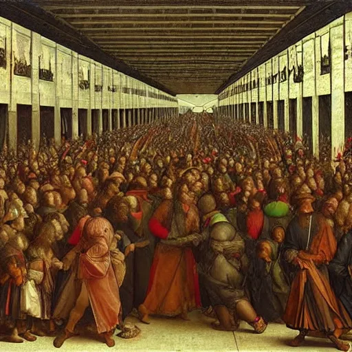 Prompt: the crowds at the black friday sales at walmart, intricate, highly detailed, sharp focus, art by leonardo da vinci