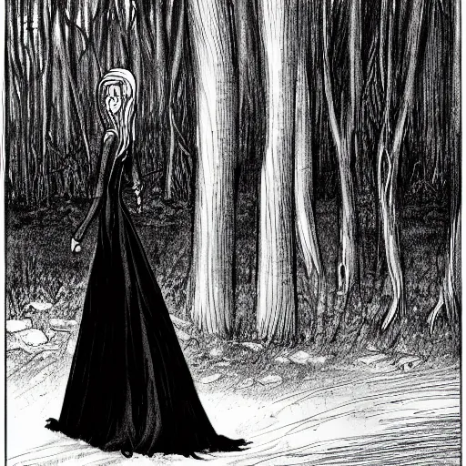 Prompt: tall slender woman with long grey hair in a black dress walking out of a swamp, concept art, high resolution, high quality, highly detailed, wide angle, elaborate, by ec comics,