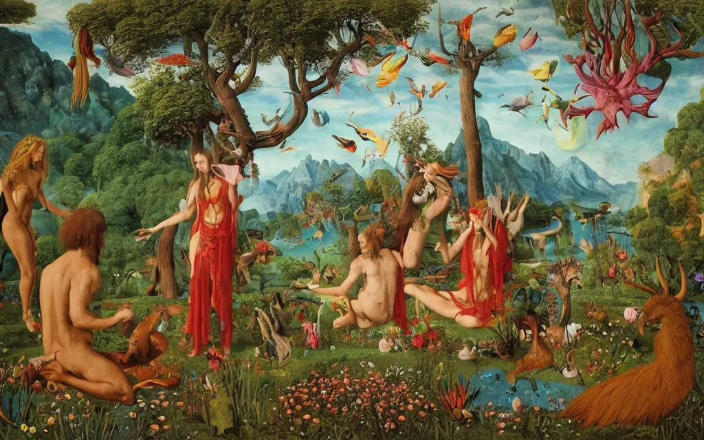 Image similar to a photograph of a meditating centaur shaman and a harpy mermaid feeding animals. surrounded by bulbous flowers, animals and a few trees. river delta with mountains and cliffs under a blue sky full of burning stars and birds. painted by jan van eyck, max ernst, ernst haeckel, ernst fuchs and artgerm. trending on artstation