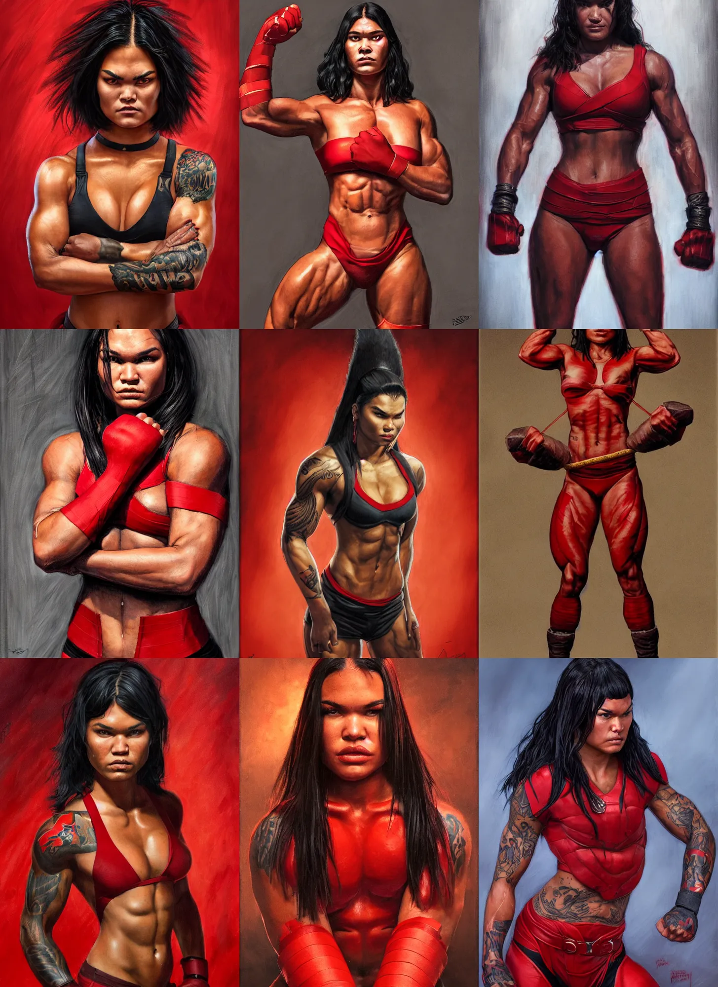 Prompt: a portrait of kawennahere devery jacobs, muscular, wearing red attire, bandage taped fists, medium length black hair, red phoenix tattoo on back, serious, style by donato giancola, wayne reynolds, jeff easley dramatic light, high detail, cinematic lighting, artstation, dungeons and dragons