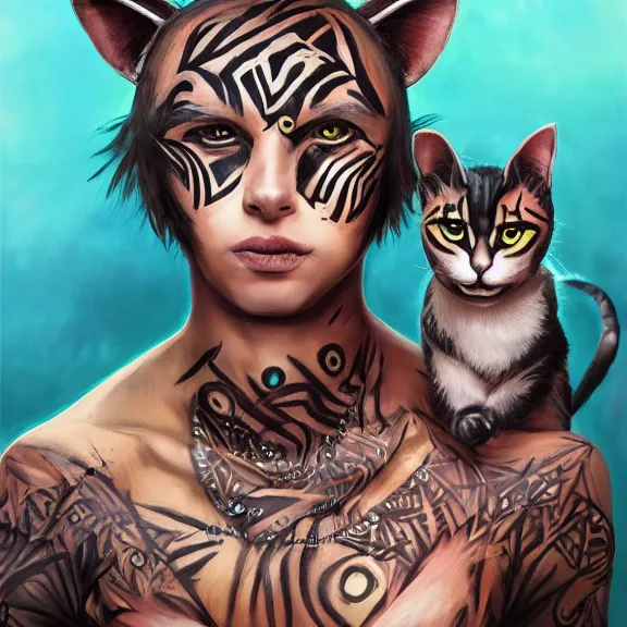 Prompt: boy with cat ears and tail covered in tribal body paint, fantasy artwork, award winning, very very very very very very very very very very very very very very beautiful, hyper detailed, studio lighting, artstation