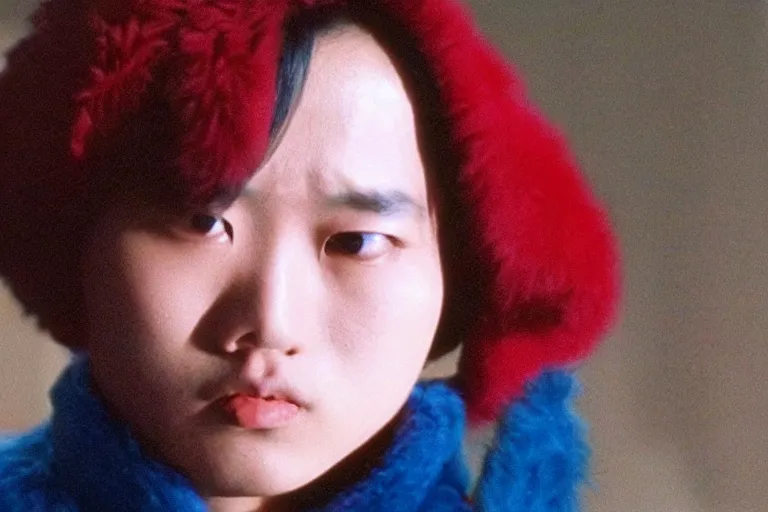 Image similar to an asian teenager with curtain-styled feathered middle part black hair, red turtleneck, blue parka, the sopranos, film still, dramatic lighting,