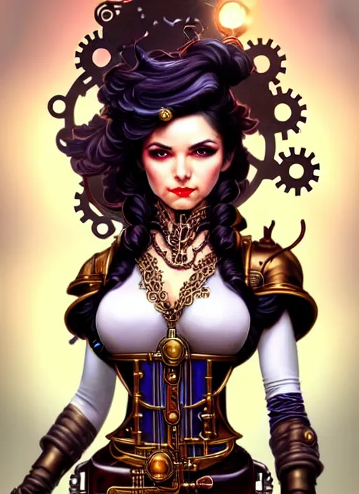 Image similar to front portrait hands on waist pose of attractive Lady Mechanika with wavy hair using white gloves, hand on waist pose!, Intricate steampunk imagery , D&D!, fantasy style, sharp focus!, ultra detailed, art by Artgerm and Peter Andrew Jones, WLUP