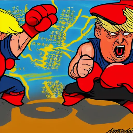 Prompt: donald trump vs xi jinping street fighter duel, fight, digital art, cartoon
