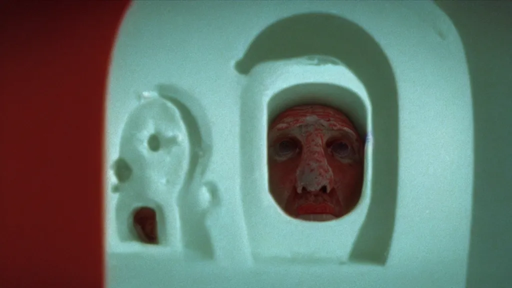 Prompt: the giant head waits in our freezer, film still from the movie directed by Wes Anderson with art direction by Zdzisław Beksiński, wide lens