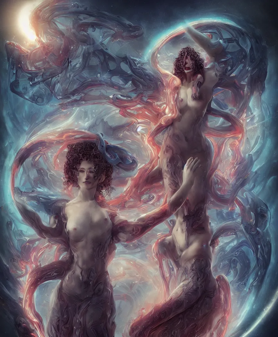 Image similar to Futuristic Stargate-Nebula-Portal reveals The Demon Kaiju Behemoth in a Hellish landscape made of a million tormented entwined suffering human bodies.,Beautiful Techno Queen Witch with long flowing hair, majestic robes moving in the wind, beautiful female face, wearing precious pearlescent jewelry, attractive glowing mascara eyes by James Jean,William-Adolphe Bouguereau,Gerald Brom,Hellish blasphemous dream landscape made from millions of human withering bodies suffering simultaneously by Gustave Dore,Johfra bosschart,Peter Gric,Demon Kaiju roaming in background of hellish landscape by Andreas Rocha,Jean Delville,Zdzisław beksiński,Nebula Void Stargate,Octane Render,Trending on Artstation,Hyperrealism,Fantasy,Nuclear Snow,Lovecraftian,8k resolution, Cinematic Matte Painting