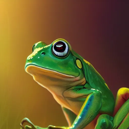 Image similar to portrait of a frog, field background, rich vivid colors, ambient lighting, dynamic lighting, 4k, HQ, official media, Makoto Shinkai, Ilya kuvshinov, Lois van baarle, rossdraws, detailed, trending on artstation