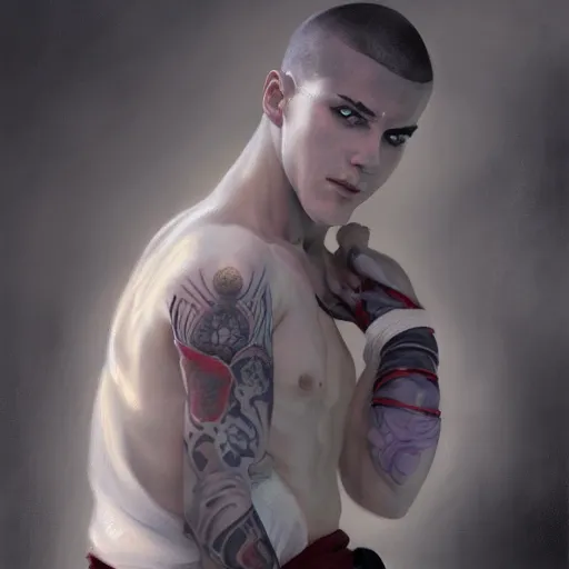 Image similar to A detailed matte oil on canvas painting of a young white male martial artist monk, orchid arm tattoos, fight stance by greg rutkowski and Charlie bowater, trending on artstationhd, dungeons and dragons art