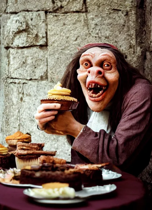 Image similar to closeup portrait of a medieval goblin eating cakes in the cloisters, depth of field, zeiss lens, detailed, symmetrical, centered, fashion photoshoot, by Annie Leibovitz and Steve McCurry, David Lazar, Jimmy Nelsson, Breathtaking, 8k resolution, extremely detailed, beautiful, establishing shot, artistic, hyperrealistic, beautiful face, octane render