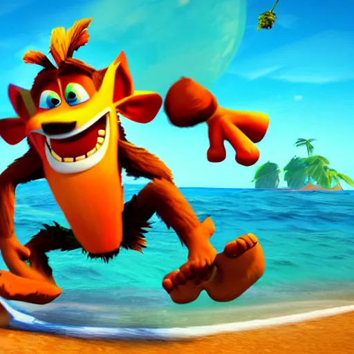 Image similar to crash bandicoot riding a monkey in an ocean