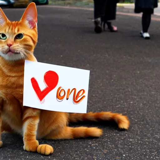 Image similar to orange tabby cat holding a sign that says