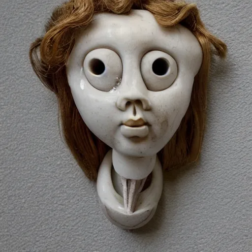 Prompt: doll head with spider legs, marble sculpture