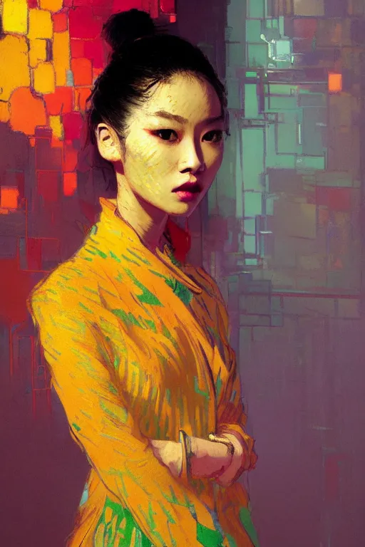 Image similar to portrait of a beautiful asian female, complementary colors, beautiful face, rule of thirds, intricate outfit, spotlight, by greg rutkowski, by jeremy mann, by francoise nielly, by van gogh, digital painting