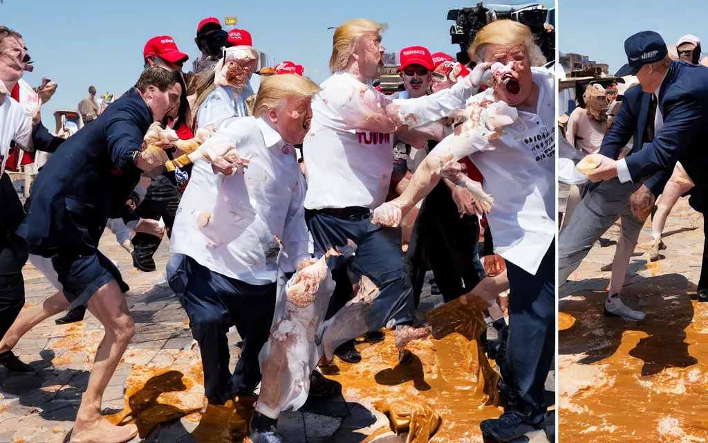 Image similar to donald trump hitting people with pudding, pudding stained clothes, golden hour, boardwalk