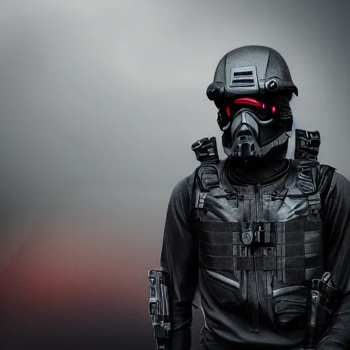 Prompt: futuristic insurgent wearing black helmet black glossy goggles, spotlight, brown cloak, technical vest, and a grey backpack, photorealistic, digital art , red tint, nature background