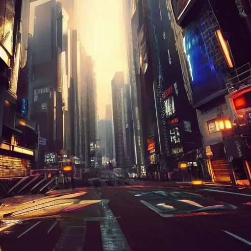 Image similar to cyberpunk cityscape like tokyo newyork street with tall buildings at dusk golden hour cinematic lighting, epic composition. A golden daylight, hyper-realistic environment. Hyper and intricate detail, photo-realistic. Cinematic and volumetric light. Epic concept art. Octane render and Unreal Engine, trending on artstation-H 768